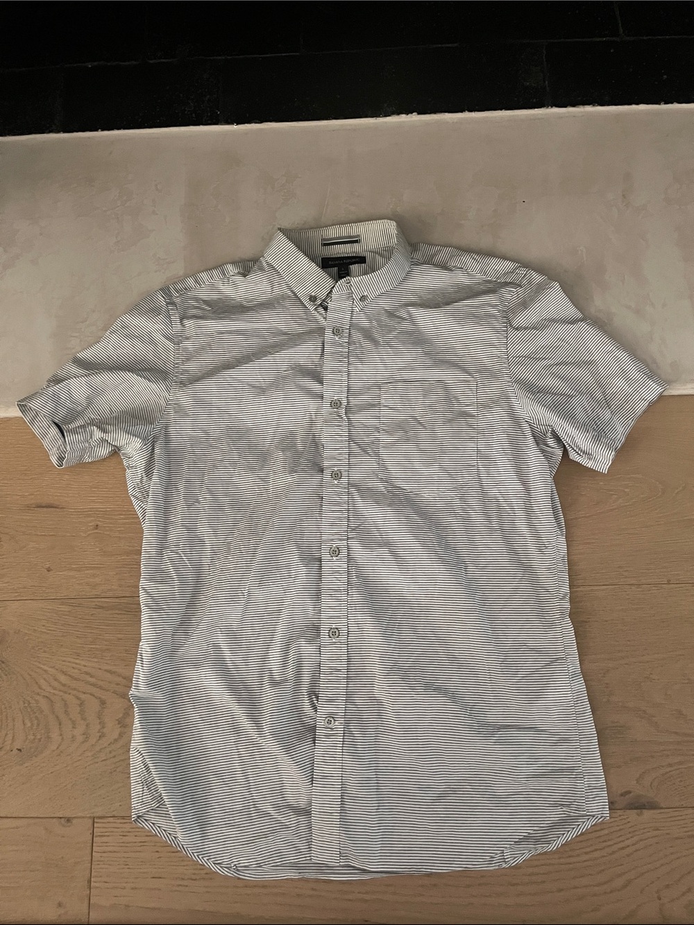 Banana Republic Short-Sleeve Button-Down Shirt in White with Navy Stripes